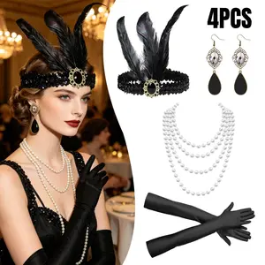 Women 1920s Flapper Set, Fashion Roaring 20s Headband Headpiece Costume Accessories for Halloween Party Cosplay