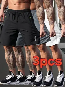 Men's High Elasticity Ice Silk Gym Sport Shorts, Zipper Pockets, Reflective Stripes, Breathable Drawstring, Ideal for Running, Yoga, Training, Hiking