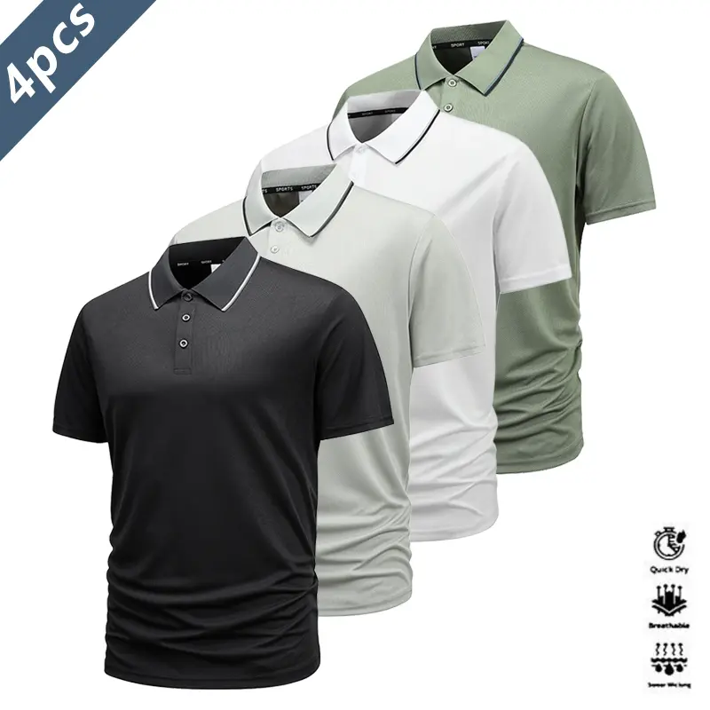 Men's 4-Pack Fitted Front-Placket Short-Sleeve Dry-Fit Plain Polo Shirts - Casual, Chic, All-Seasons Outdoors Tops, Wrinkle-Resistant, Quick-Dry, Machine-Washable, Durable Collared (Various Colors, Classic Style)