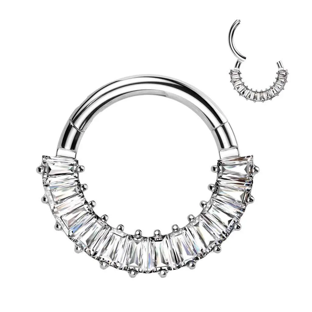 Pavé Baguette CZ Septum & Daith Clicker Hoop – 16G ASTM F-136 Titanium Ring