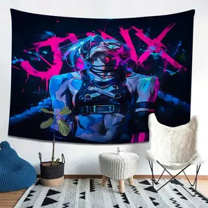 [jit] A fashionable blue-haired character "JINX" pattern tapestry, horizontal design, suitable for bedroom, living room, dormitory background decoration, home decoration, wall tapestry, no electricity required