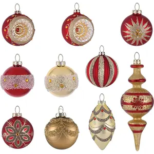 Glass Christmas Ornaments Set, 10ct Red Gold Mercury Blown Large Glass Christmas Tree Ball Decorations, Luxury Hanging Teardrop Finial Faceted Reflector Decor