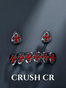CRUSH CR 18K Gold Plated Copper Cross Pattern Grillz, Red/White CZ Stones Inlaid, Black Gold/Silver Options, Unisex Hip-Hop Tooth Jewelry For Black Women, Girls & Men, Suitable For Parties, Street Fashion & Daily Wear