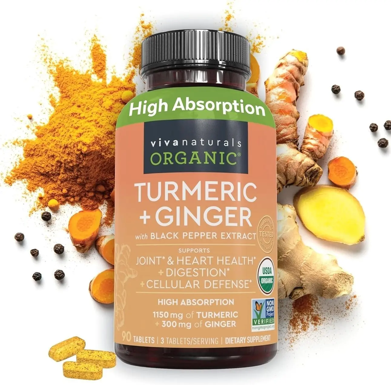 Turmeric and Ginger Supplement with Black Pepper for Better Absorption - Organic Turmeric Curcumin to Support Joint, Heart and Digestive Health, Non-GMO - 120 Tablets