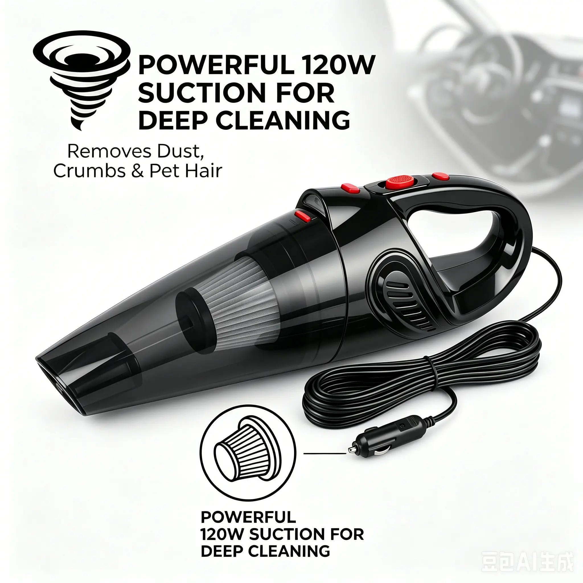 This high-power corded car vacuum cleaner features USB charging, a lightweight handheld design, and can be used for both wet and dry cleaning of pet hair and dust. It also comes with a variety of attachments.