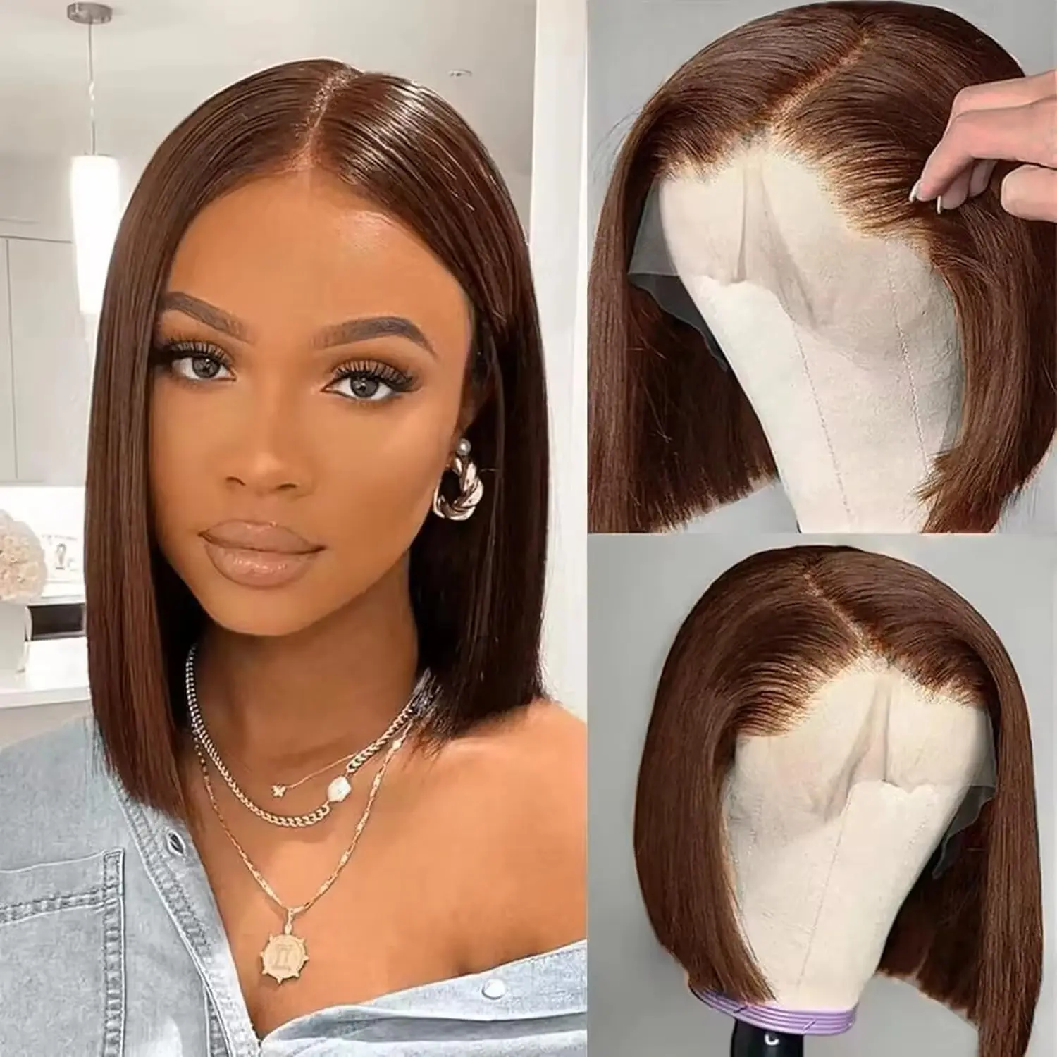 Brown Bob Wigs Human Hair for Black Women 13x4 HD Lace Front Bob Wig Human Hair Pre Plucked with Baby Hair Glueless Chocolate Straight Short Bob Wig 200% Density #4 Brown Color 10 Inch