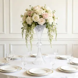 4 Pack Ribbed Acrylic Trumpet Vases – 28" Clear Reversible Flower Centerpiece with Crystal Ball Accent