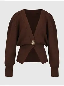 Casual Commuter Fashion V-Neck Button Knit Cardigan, Minimalist Fitted Design, All Seasons Wear, Plain Pattern, Women's Outerwear, Knitwear