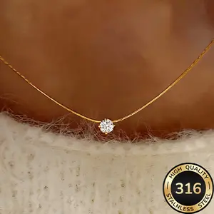 Shiny Solitaire CZ Necklace for Women - 316 Stainless Steel Gold Chain, Non Tarnish Tarnish Proof Fade-Resistant Minimalist Daily Jewelry for Everyday & Parties, Necklaces For Women