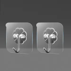 Clear Wall Hook,2 Counts Transparent Self Adhesive Wall Hook, Punch Free Wall Mounted Hook for Home Kitchen Bathroom, Wall Mount Acrylic, Storage Hooks