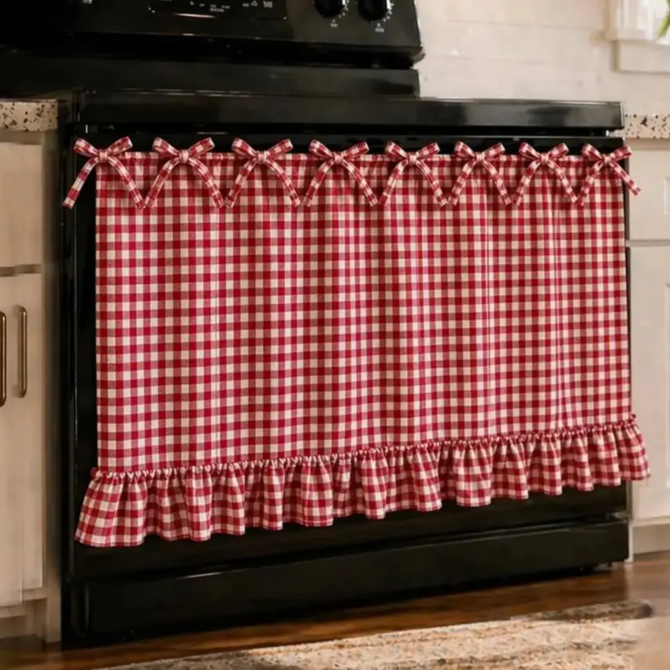 Gingham Plaid Oven Curtain Stove Cover, Rustic Farmhouse Cottage Core Decor With Ruffle Bows, Double Sided Thick Breathable Fabric, Slip On Appliance Skirt, Hide Clutter, Shield Stove From Splashes For Kitchen Laundry Room
