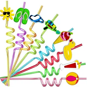 48 Pieces Beach Theme Reusable Shape Straws, Drink Straws Beach Ball Pool Summer Birthday Party Favor Decorations with 2 Cleaning Brushes 8 Color Straws