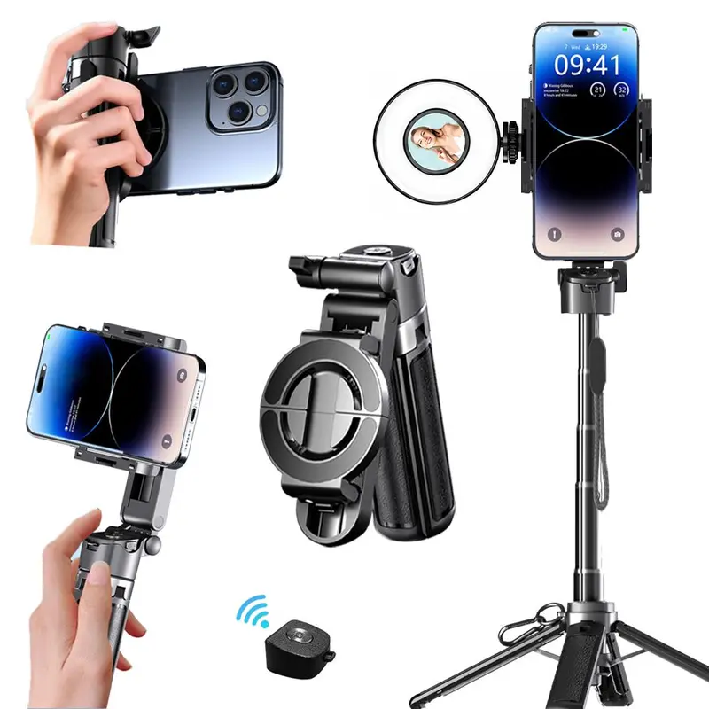 5-in-1 Foldable Magnetic & Clamp Compact Mini Selfie Stick with 2 LED Face Lighting, Wireless Bluetooth Tripod Remote, 360° Rotation - Smartphone Tripod, Handheld Stabilizer, Rotation Ring Stand, Camera Accessories, Vlogging Gear, Christmas Gift
