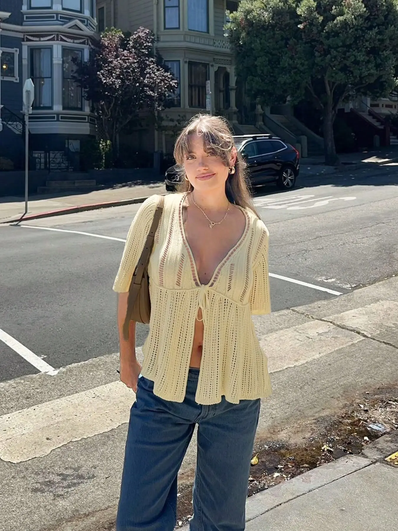 Women's Summer New Loose Casual Basic Knit Cardigan, Hollow Out Bow Tie Front, Low Neck Short Sleeve Crochet Mesh Sun Protection Top
