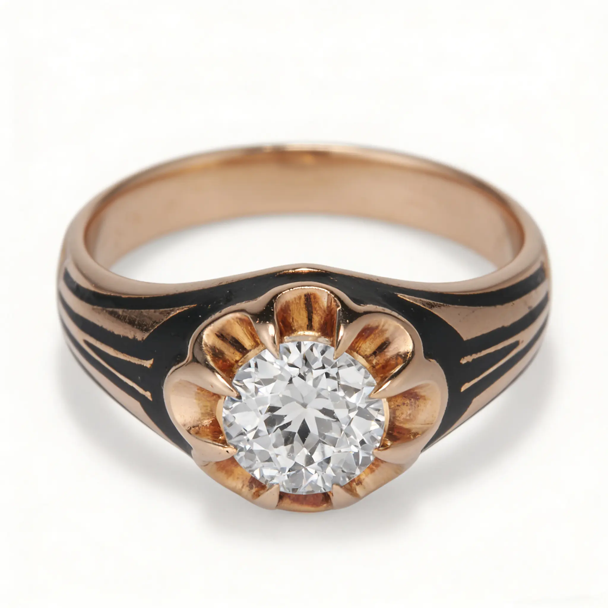 Vintage Victorian-style enamel wide-faced ring, featuring a classic diamond-cut corner seal design, inlaid with antique rose-cut synthetic zirconia, shiny and luxurious. It is an unisex jewelry accessory, a vintage gentleman-style ring.