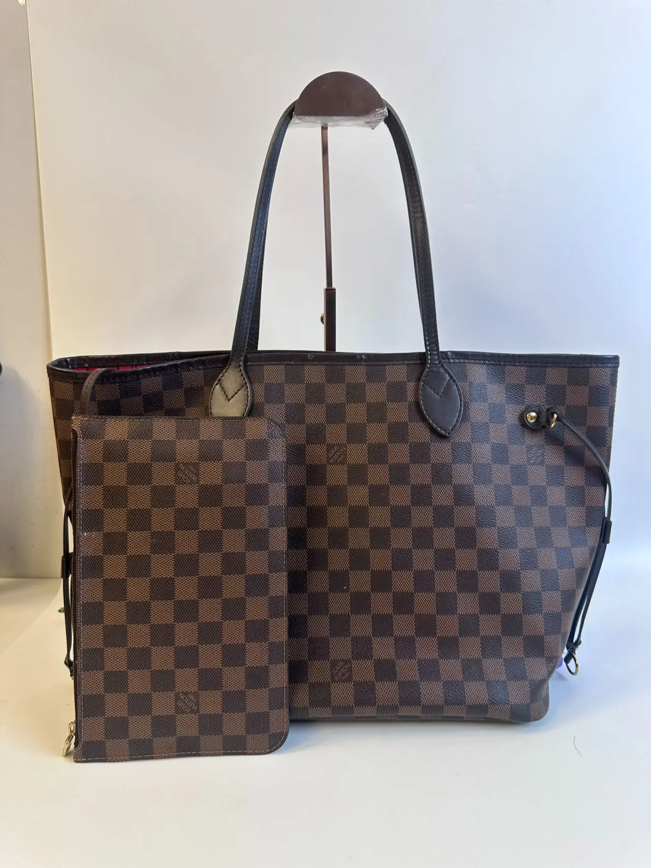 Pre-owned Louis Vuitton canvas Tote Bags neverfull mm size damier red capacity with pouch 【Senza 1】