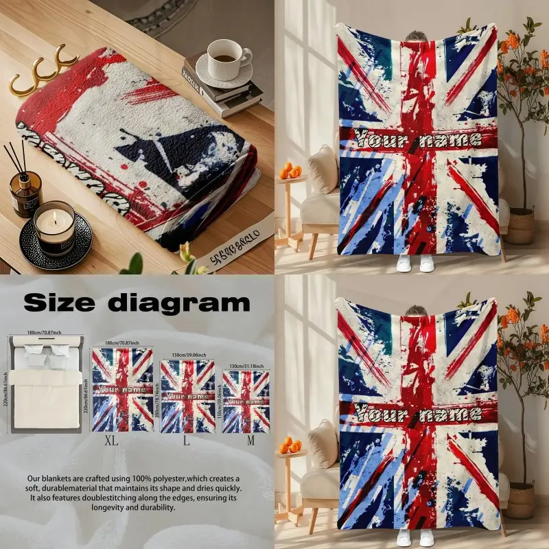 Best Choice Personalized Union Jack Blanket - Custom Name Vintage British Flag Design Soft Flannel All-Season Throw for Home Office Camping Travel Holiday Gift for Christmas Valentine's Birthday