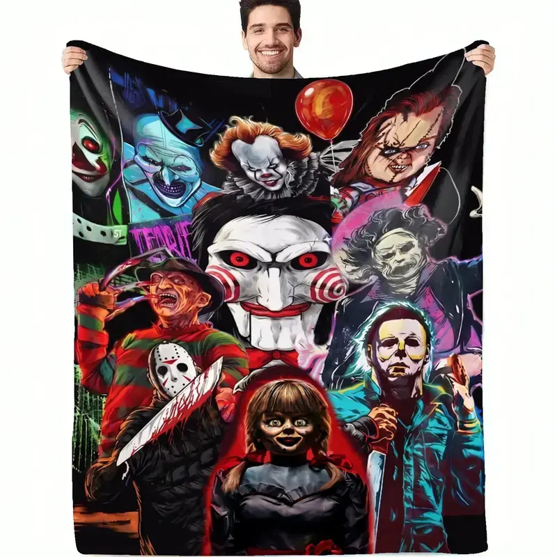 Horror Movie Villains Neon Grid Collage Flannel Throw Blanket Black Background Pennywise Freddy Blanket Halloween Horror Fan Couch Bed Decor Halloween Birthday Gift for Horror Film Enthusiasts Air Conditioning Summer Bedroom Dorm Room Spooky