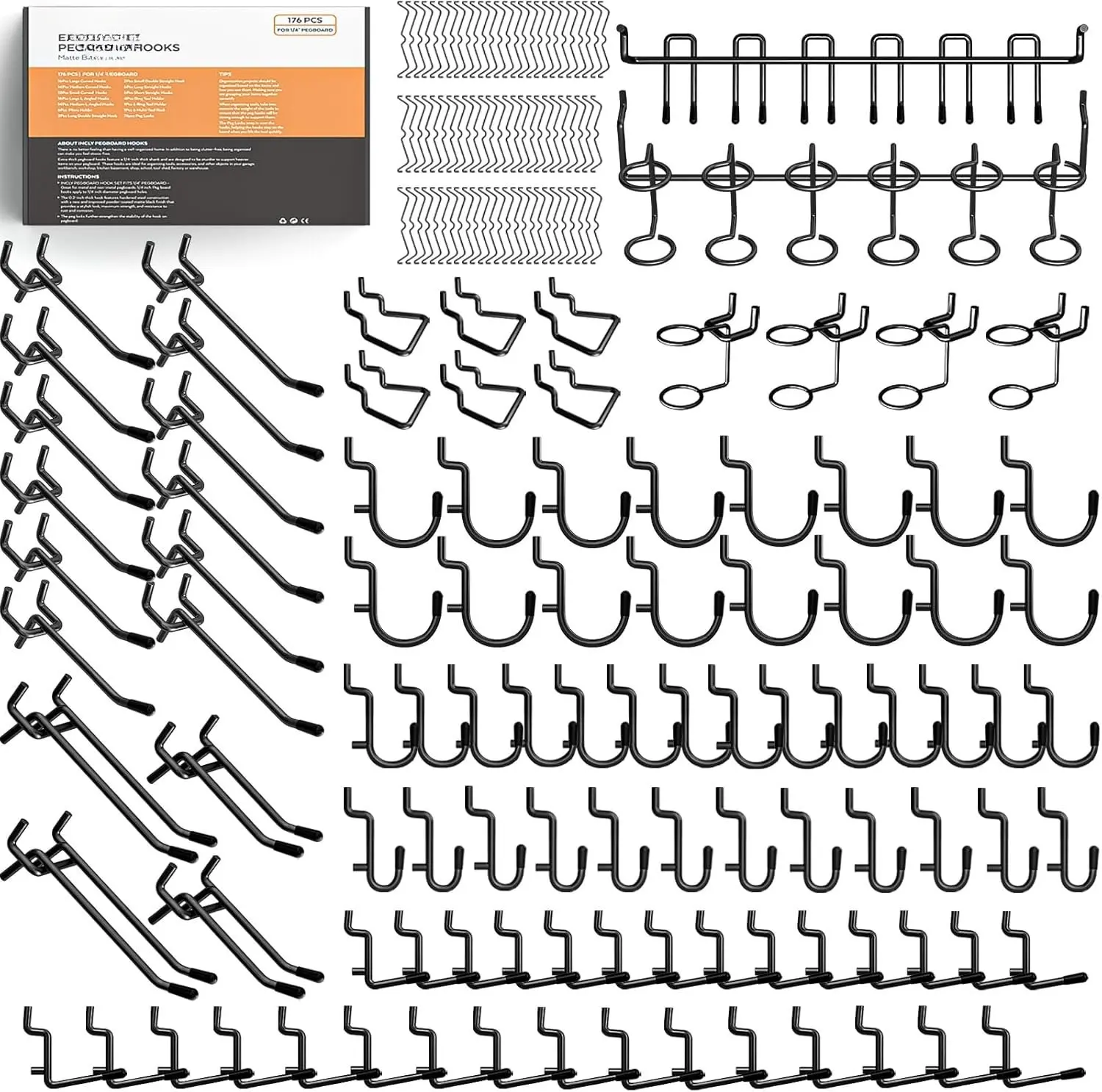 176 count Extra Thick Black Pegboard Hooks Set, 1/4" Heavy Duty Metal Peg Board Hook Assortment with Peg Lock Pegboard Accessories for Garage Wall Organizer Hanging Tools