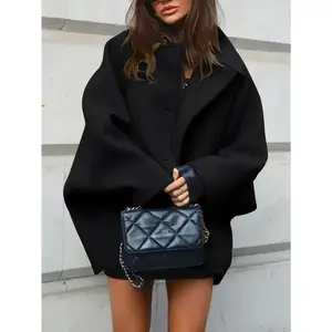 French Style European and American Fashion Asymmetric Design Loose Long Sleeve Turn-Down Collar Wool Coat Womenswear Jackets