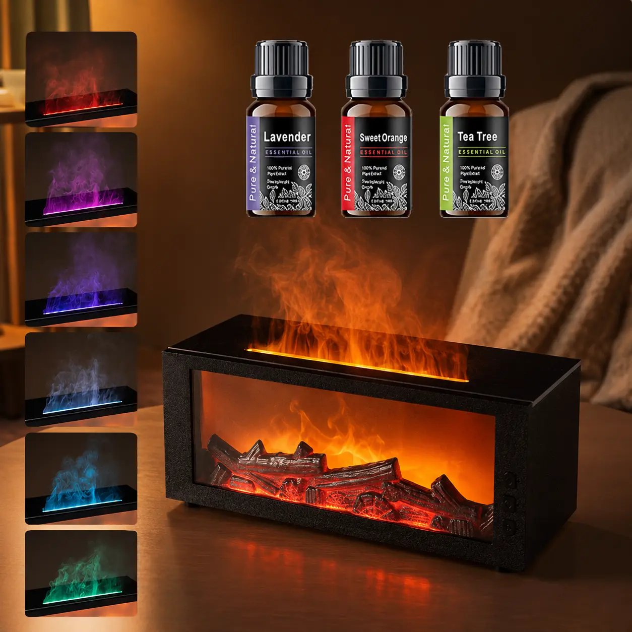 Bourbon Humidifier with Simulated Electric Fireplace, Atmosphere Light, Auto-Off Protection, Aromatherapy Function - Creative Home Office Desktop Decoration Ornament