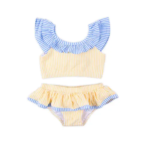 Classic Whimsy Girls' Santorini Yellow & Blue Stripe 2-Piece Ruffled Swimsuit, Childrens Swimwear Costume Set, Swimsuit Costume Set