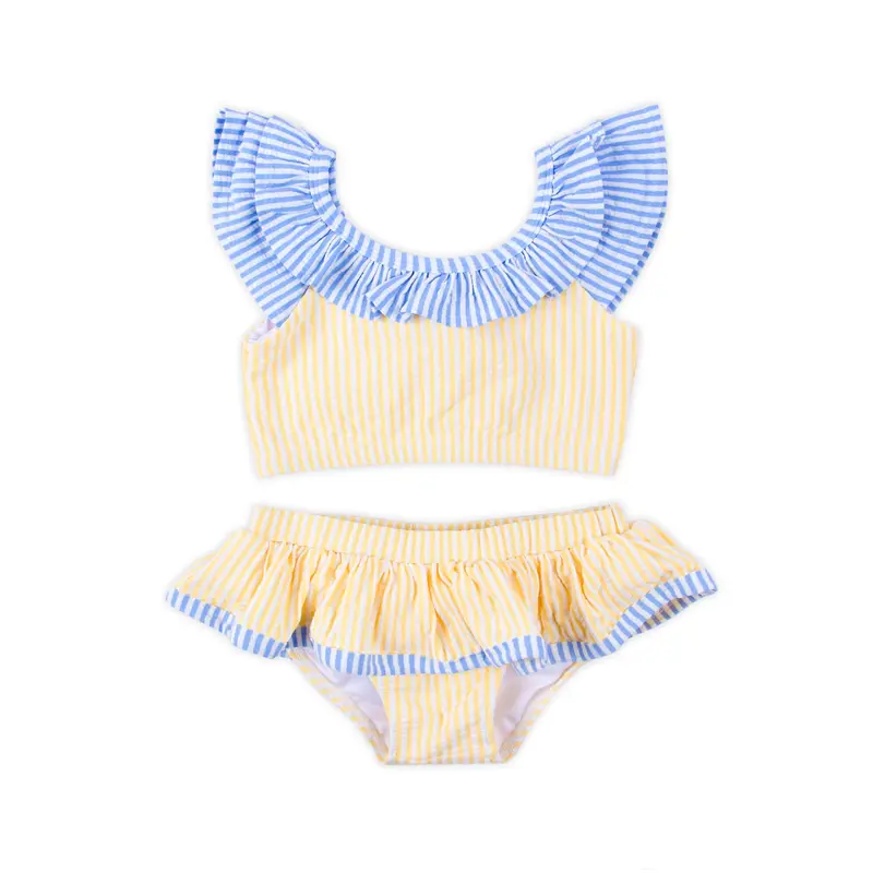 Classic Whimsy Girls' Santorini Yellow & Blue Stripe 2-Piece Ruffled Swimsuit, Childrens Swimwear Costume Set, Swimsuit Costume Set