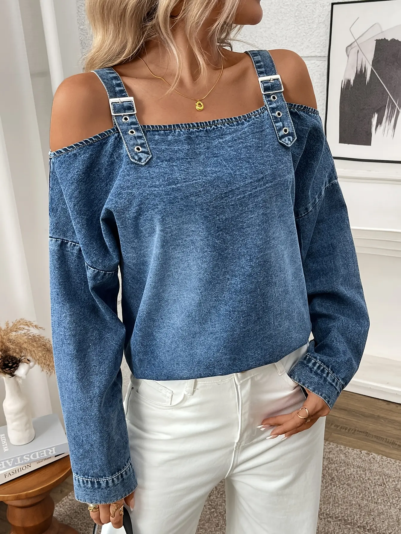 Women's One-Shoulder Strap Denim Top,Adjustable Straps Off-Shoulder Loose Long-Sleeve Denim Blouse,Unique Designer Denim Cami,Suitable For Spring&Fall