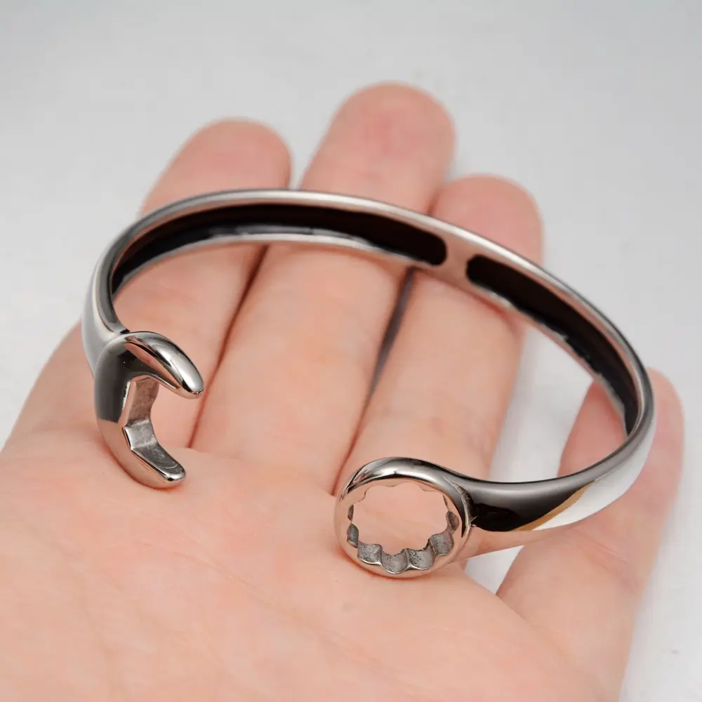 Men's Punk Wrench Bangle, Unique Tool-Shaped Bracelet in Polished Stainless Steel, Fashion Sports Jewelry for Male, Tool Motif, Unique Shape, Wrench Bracelet, Casual Wear, Open Cuff