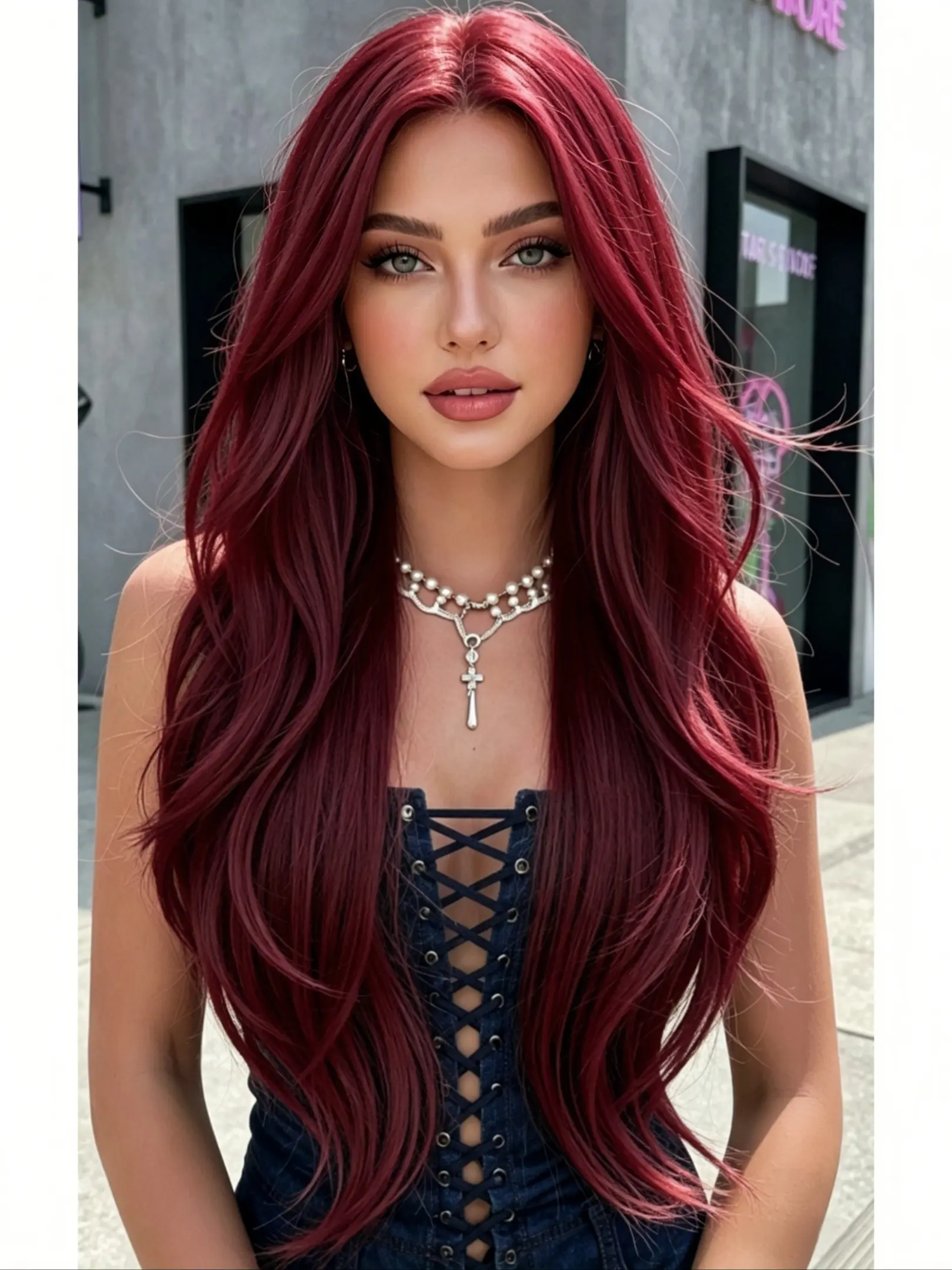 MIXPOP 28 Inch Wine Red Long Wavy Wig for Women, Natural Middle Part Curly Synthetic Hair Wig, Heat Resistant, for Daily/Party/Cosplay, Synthetic Wavy Hairstyle, Synthetic Curly Wigs