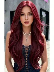 MIXPOP 28 Inch Wine Red Long Wavy Wig for Women, Natural Middle Part Curly Synthetic Hair Wig, Heat Resistant, for Daily/Party/Cosplay, Synthetic Curly Wigs