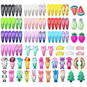 Hair Clips for Girls, 100 Pcs No Slip Metal Snap, Barrettes for Teens Women, Cute Candy Color Cartoon Design Hair Pins (Animals Fruits Crowns Stars)