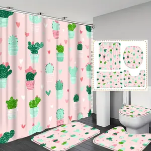 Cactus Plant Heart Print Shower Curtain Set, Includes 12 Hooks, Non-Slip Mat, U-Shaped Floor Pad, Toilet Seat Cover, Bathroom Accessories