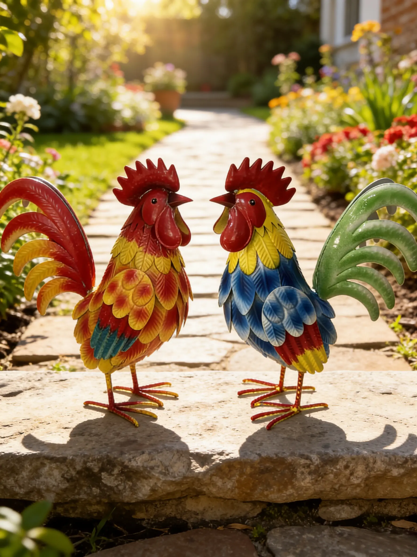 12-inch metal rooster garden ornament, medium-sized outdoor garden statue | Outdoor chick sculpture, 3D hand-painted, rustic farmhouse style, weather-resistant iron material, suitable for backyard, patio, lawn, and garden