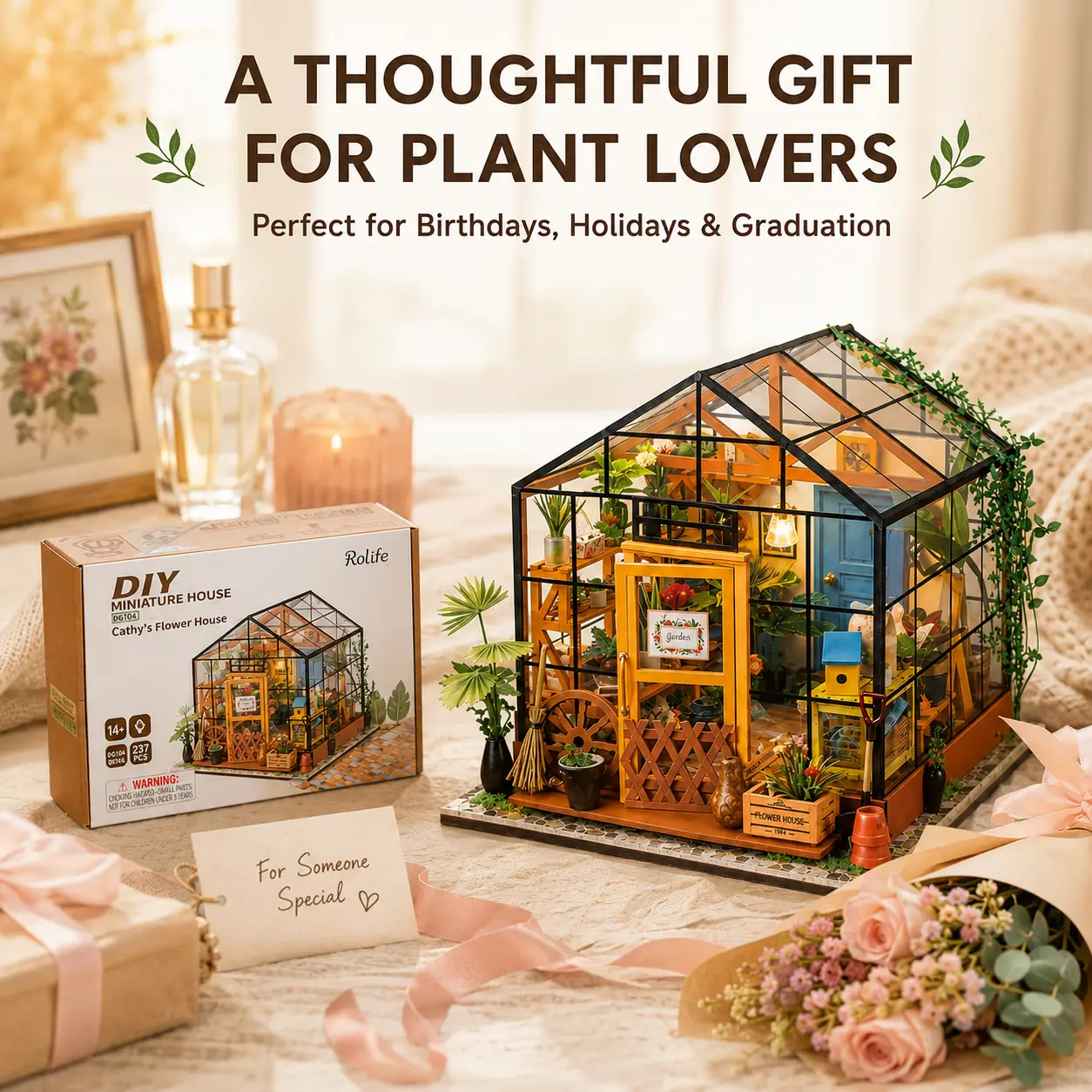【Rolife】DIY Miniature Greenhouse Kit with LED Light - Cathy’s Flower House Craft Miniature Set, Build Your Own Tiny Plant House Model, Desk Shelf Decor, Creative Gift for Plant Lovers, Stress Relief Toy