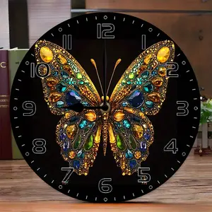 10inch Charming Butterfly Art Kit Background Clock - Vibrant Gold and Blue Gemstone Design, Silent Round Wall Clock, Suitable for Living Room, Bedroom, Kitchen - Perfect for Home and Office Decoration, Ideal for Holiday Gifts and Outdoor Parties, Clock Wa