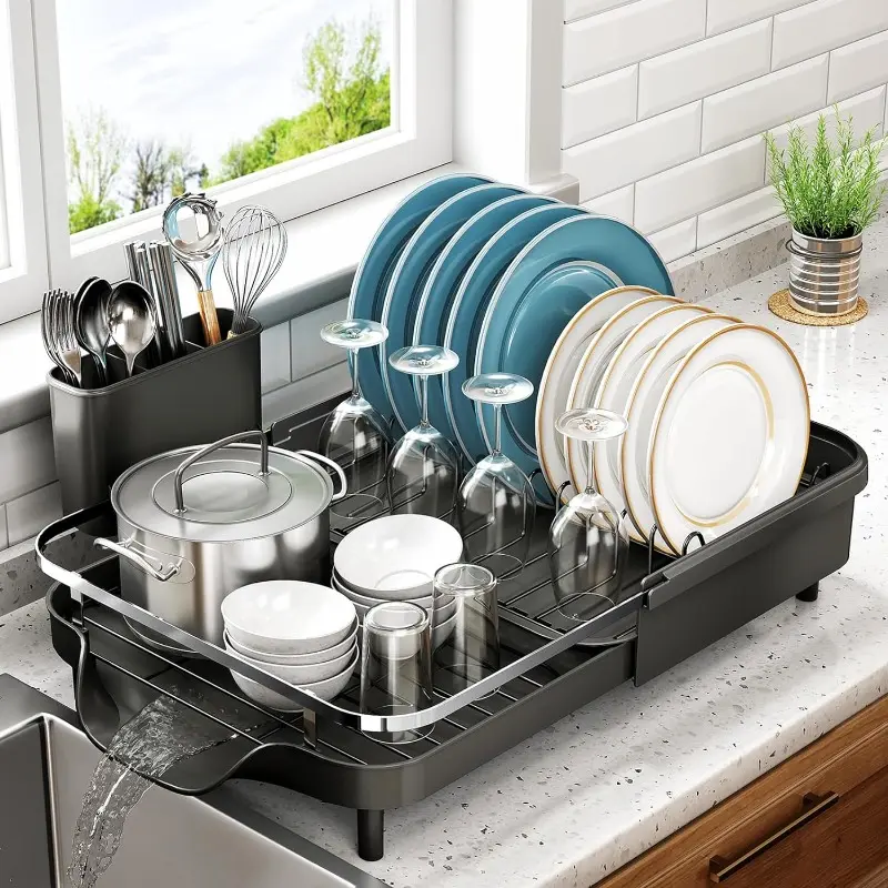 Multifunctional Adjustable Expandable Width Dish Drying Rack with Organizer, Kitchen Utensils Holder, High Capacity Silverware Storage - Countertop Home Kitchen Fixture Accessory