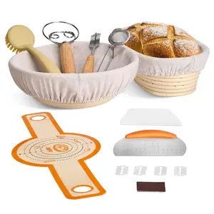 Banneton Sourdough Bread Proofing Basket Set – 10” Round + 9” Oval Bannetons with Linen Liner & Tools – Starter Kit for Homemade Bread Baking Handmade   Baked