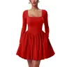 OYS Women's Casual Long Sleeve Square Neck Back Belt A Line Ruffle Hem Mini Dress with Pockets