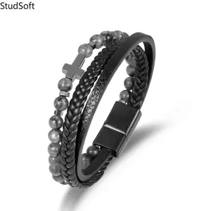 2026 New Cross Multi-Layer Hematite Bracelet for Men Women, Braided PU Leather Wristband with Alloy Magnetic Clasp, Punk Fashion Jewelry Gift