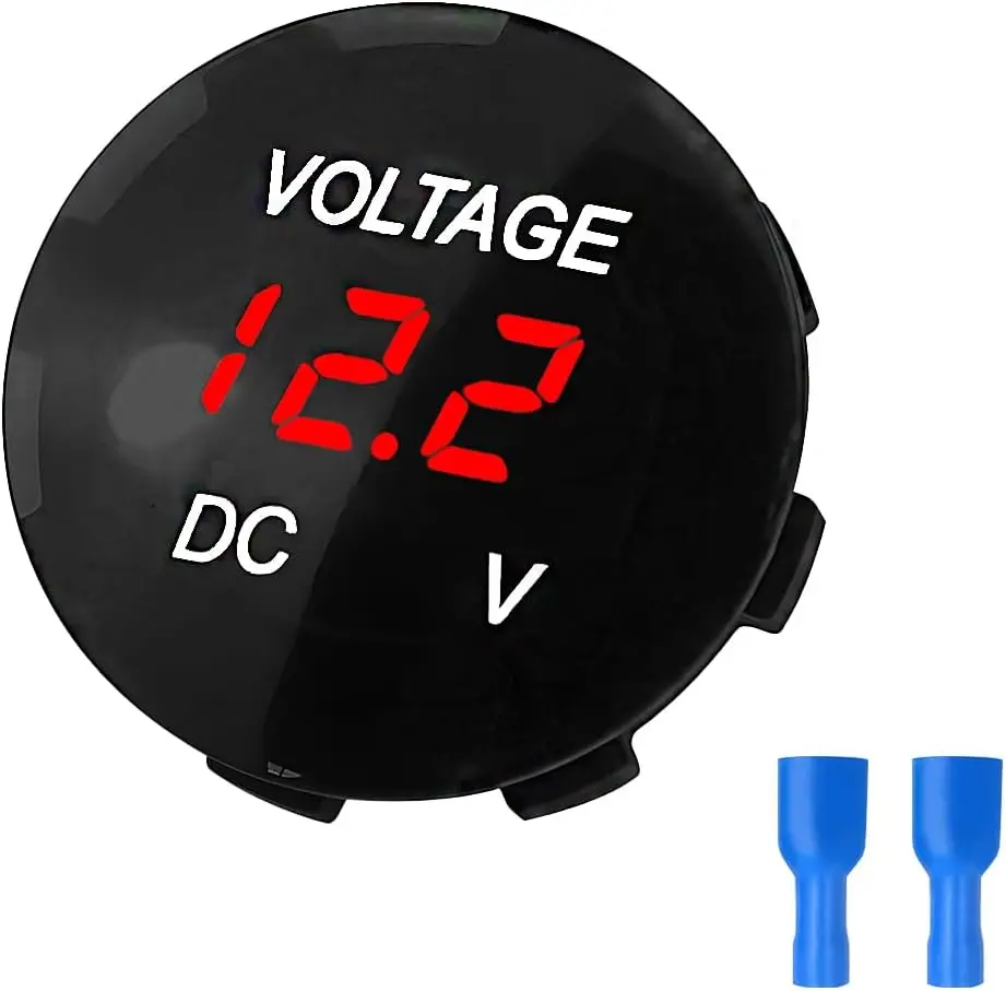 DC 12V 24V Car Voltmeter Gauge, Round Digital Display Waterproof Vehicle Battery Voltage Meter, Portable Automotive Voltmeter Panel Indicator, Universal Fit (Red)
