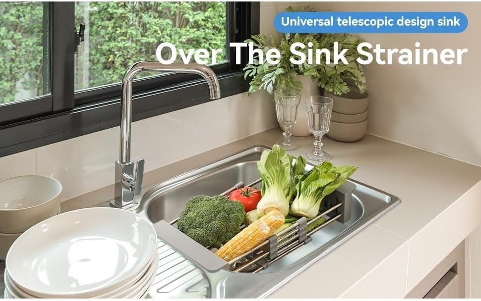 Adjustable Over-the-Sink Dish Drying Rack – Telescopic Stainless Steel Drain Basket, Space-Saving Organizer for Dishes, Fruits & Vegetables