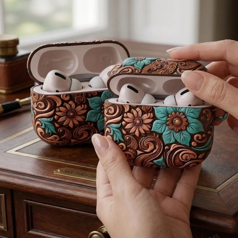 Western Tooled Leather AirPods Case, Floral Embossed Faux Leather Earbuds Cover, Vintage Boho Aesthetic Tech Accessory, Unique Gift For Her