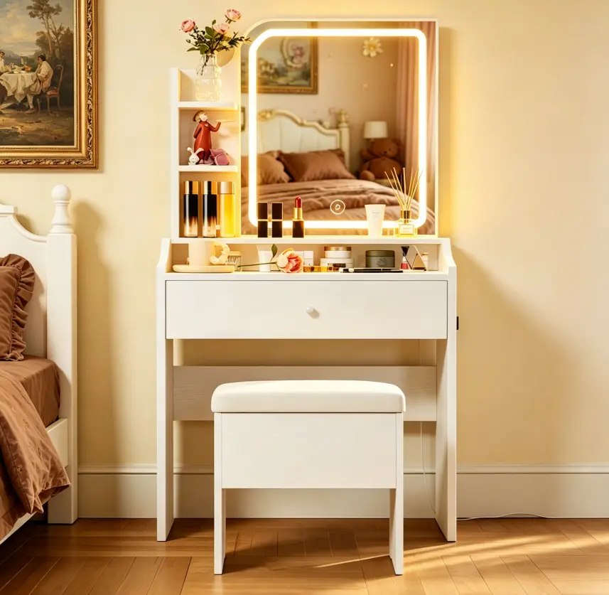 White vanity table includes LED mirror, modern dressing table set with storage drawers and seat; suitable for bedrooms, living rooms, dormitories, etc.