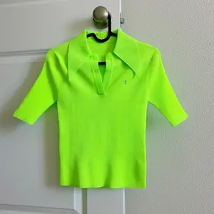 pushBUTTON Fluorescent Green Knit Top V-neck Lapel Collar Polo Slim Sweater Lime Knitwear