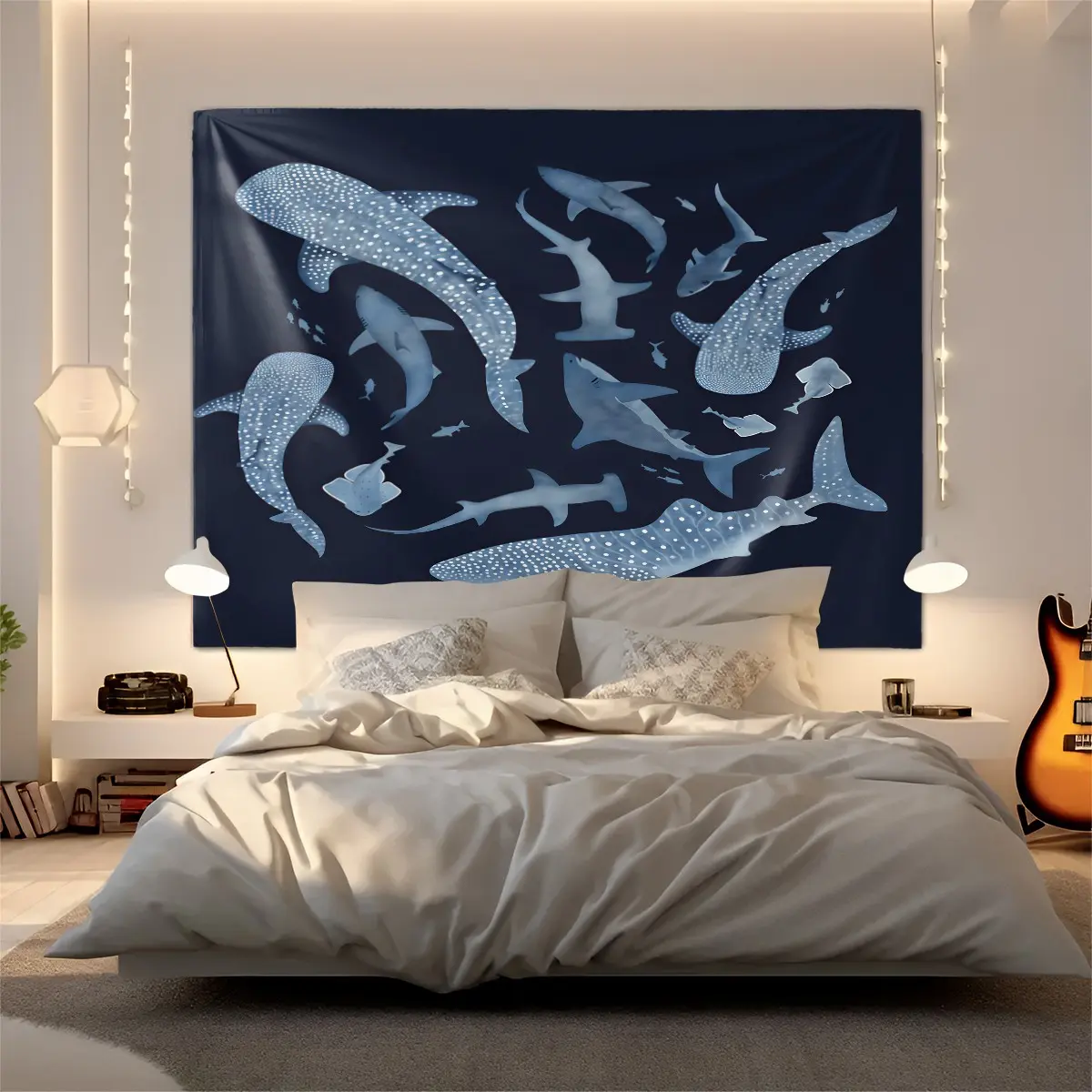 Ocean Shark Print Tapestry,Ocean Theme Wall Hanging, Edgy Marine Life Graphic Tapestries,Modern Coastal Decor Tapestry,Perfect for Bedroom,Dorm,Living Room & Coastal Home Decor,Ideal Gift for Shark and Ocean Enthusiasts