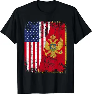100%cotton MONTENEGRIN ROOTS | Half American Flag | MONTENEGRO FLAG T-Shirt