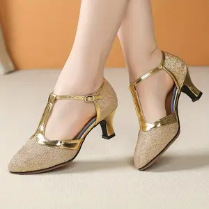 Women??s Glittery Latin Dance Shoes - Lightweight, All-Season, Pointed Toe with Golden Accents, & Rubber Sole for Jazz, Salsa, and Outdoor Events