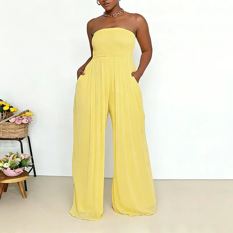 Echoine Strapless Wide Leg Jumpsuit Like Dress with Pockets Women Plain Smocked Tube Chiffon Sheer Smocked Elastic Waist Stretchy Dressy Casual Flowy One Piece Jumpsuits Loose Casual Long Pants Party club Sexy Jumpsuit Elegant Womenswear Elegance Overalls