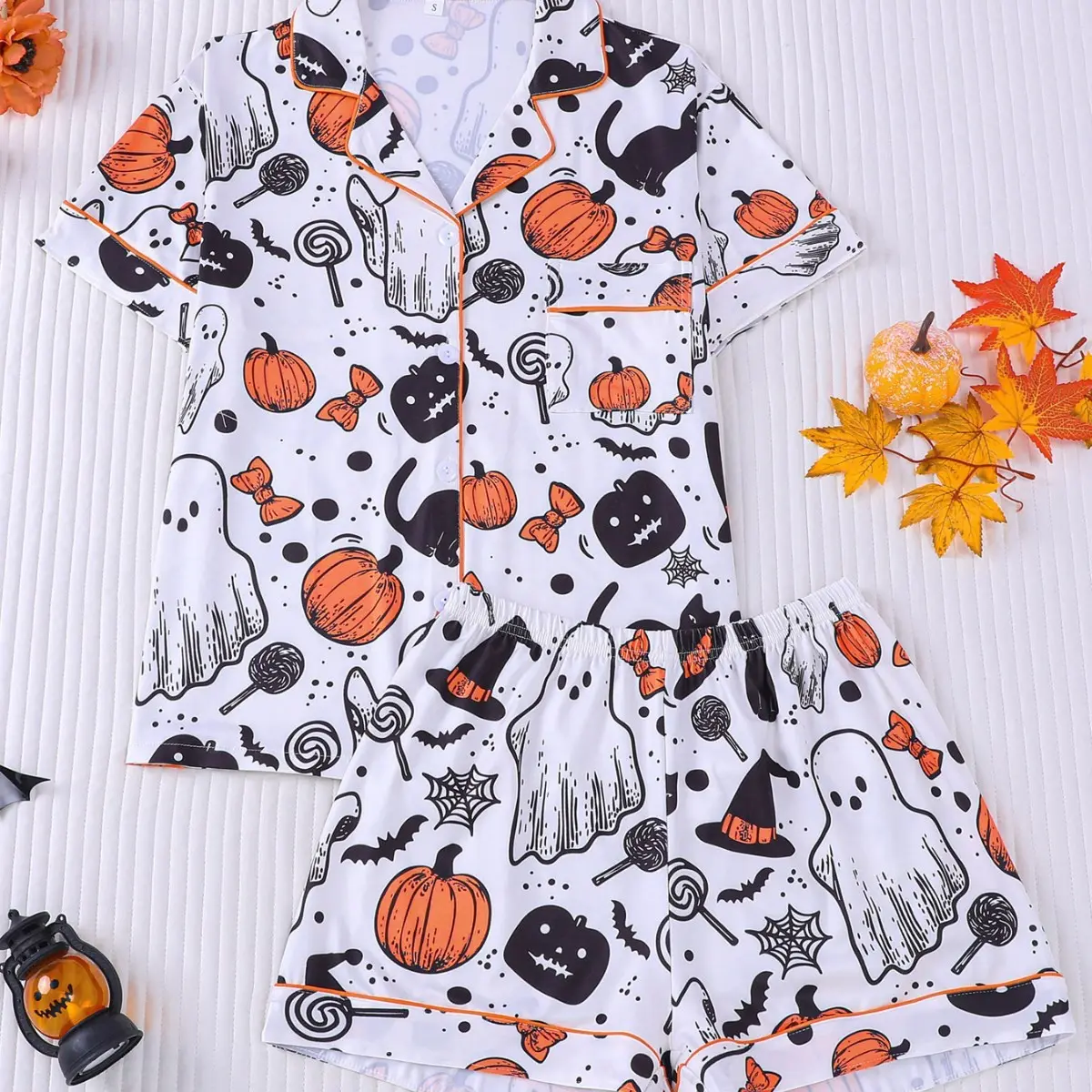 Women 2 Piece Halloween Sleepwear Set, Button‑Down Short Sleeve Shirt and Elastic Waist Shorts, Ghost Pumpkin Bat Spider Web Print Loungewear, Cute Spooky Home Pajamas